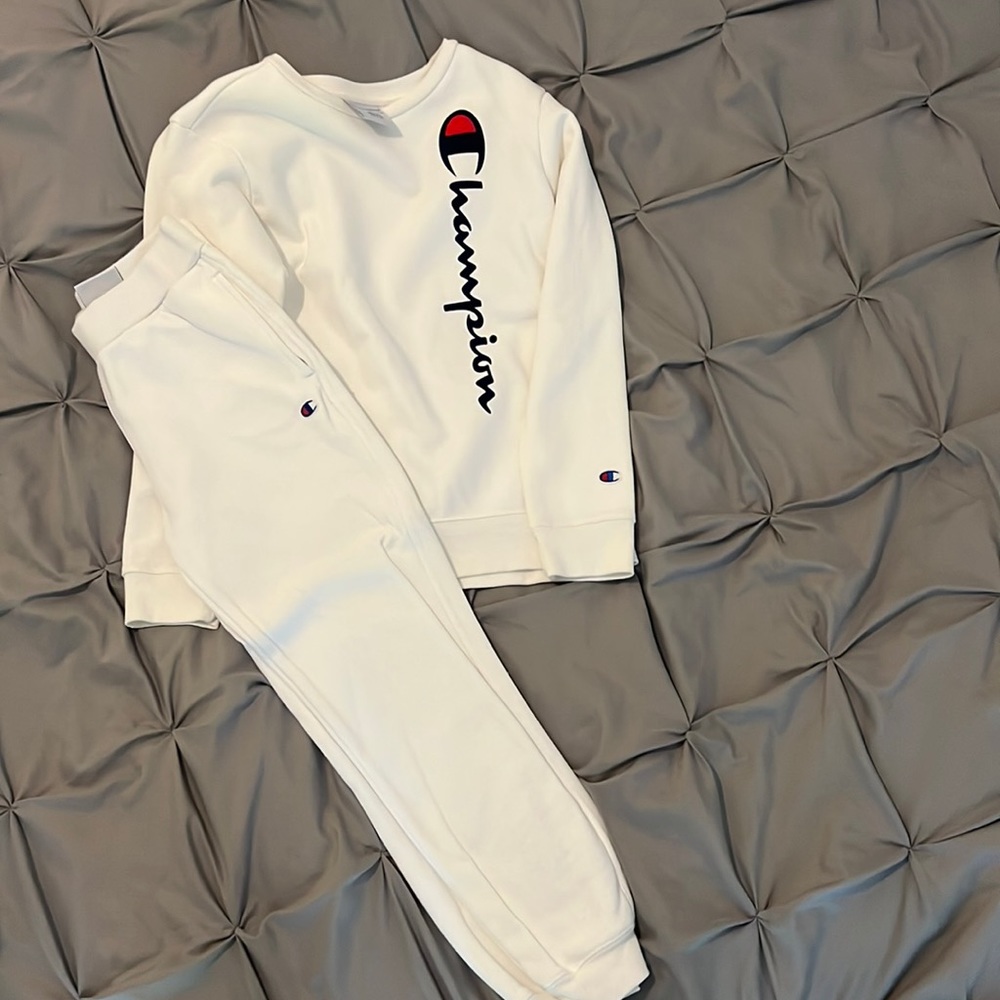 Champion White Logo Sweatshirt & Joggers Set